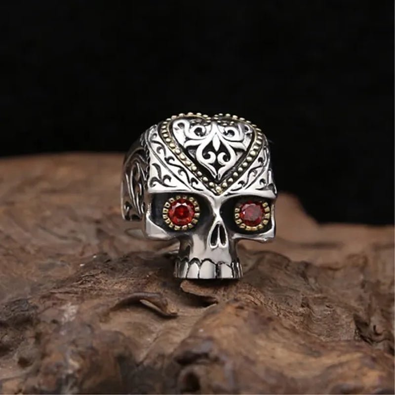 Retro Personality Silver & Gold Skull Ring Ruby Inlay Men's Punk Jewelry