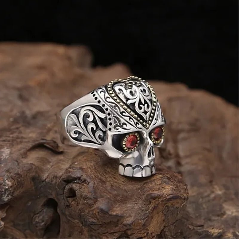 Retro Personality Silver & Gold Skull Ring Ruby Inlay Men's Punk Jewelry