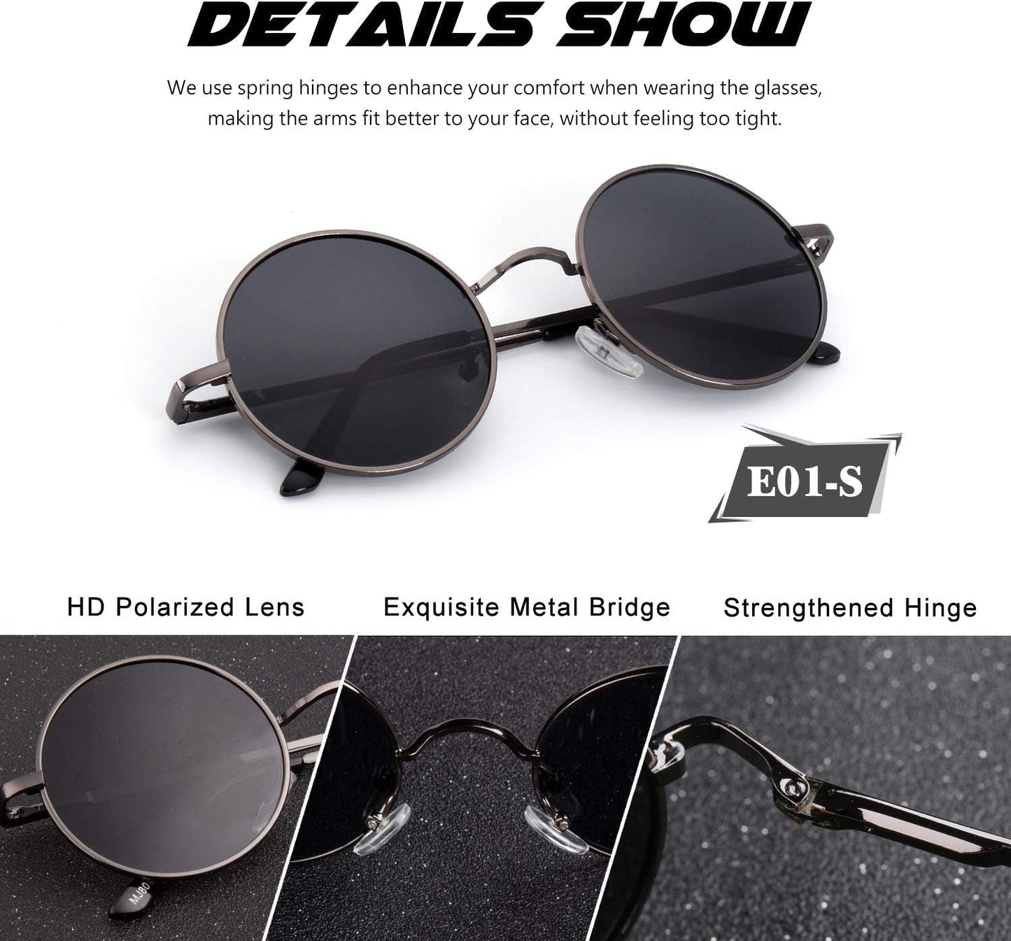 Retro round Polarized Sunglasses Mens Womens Circle Metal Hippie Shades UV400 Protection E01