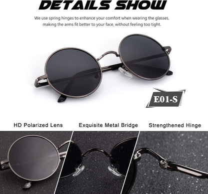 Retro round Polarized Sunglasses Mens Womens Circle Metal Hippie Shades UV400 Protection E01