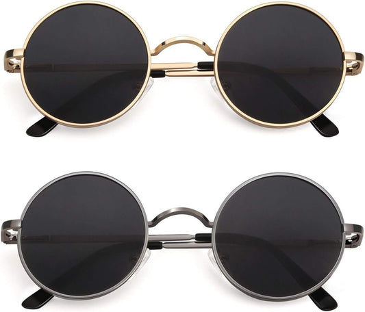 Retro round Polarized Sunglasses Mens Womens Circle Metal Hippie Shades UV400 Protection E01 - WORLD TIME VISITS