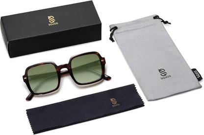 Retro Square Polarized Sunglasses for Women Men Classic Trendy Sunnies SJ2226, Dark Tortoise/Green