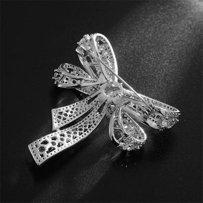 Rhinestone Bow Brooch Pin for Women Shiny CZ Crystal Pearl Dangling Ribbon Bow Knot Lapel Pins Wedding Party Dance Banquet Dress Suit Shirt Scraf Clip for Clothes Accessories Jewelry