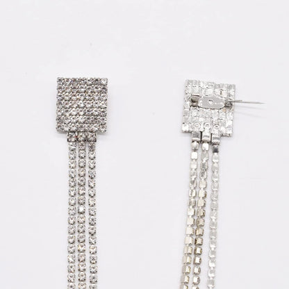 Rhinestone Geometric Tassel Lapel Brooch Pin Long Chain Multi-Layered Full of Crystal Square Pins Clip Dress Sweater Collar Jackets Suit Brooches Pins Fashion Jewelry Gifts for Women Girls Accessories