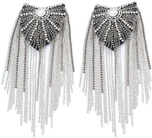 Rhinestone Tassel Shoulder Epaulet Long Chain Fringe Blazer Shoulder Badge Stage Performance Uniform Epaulette Brooch Pin for Men and Women - WORLD TIME VISITS