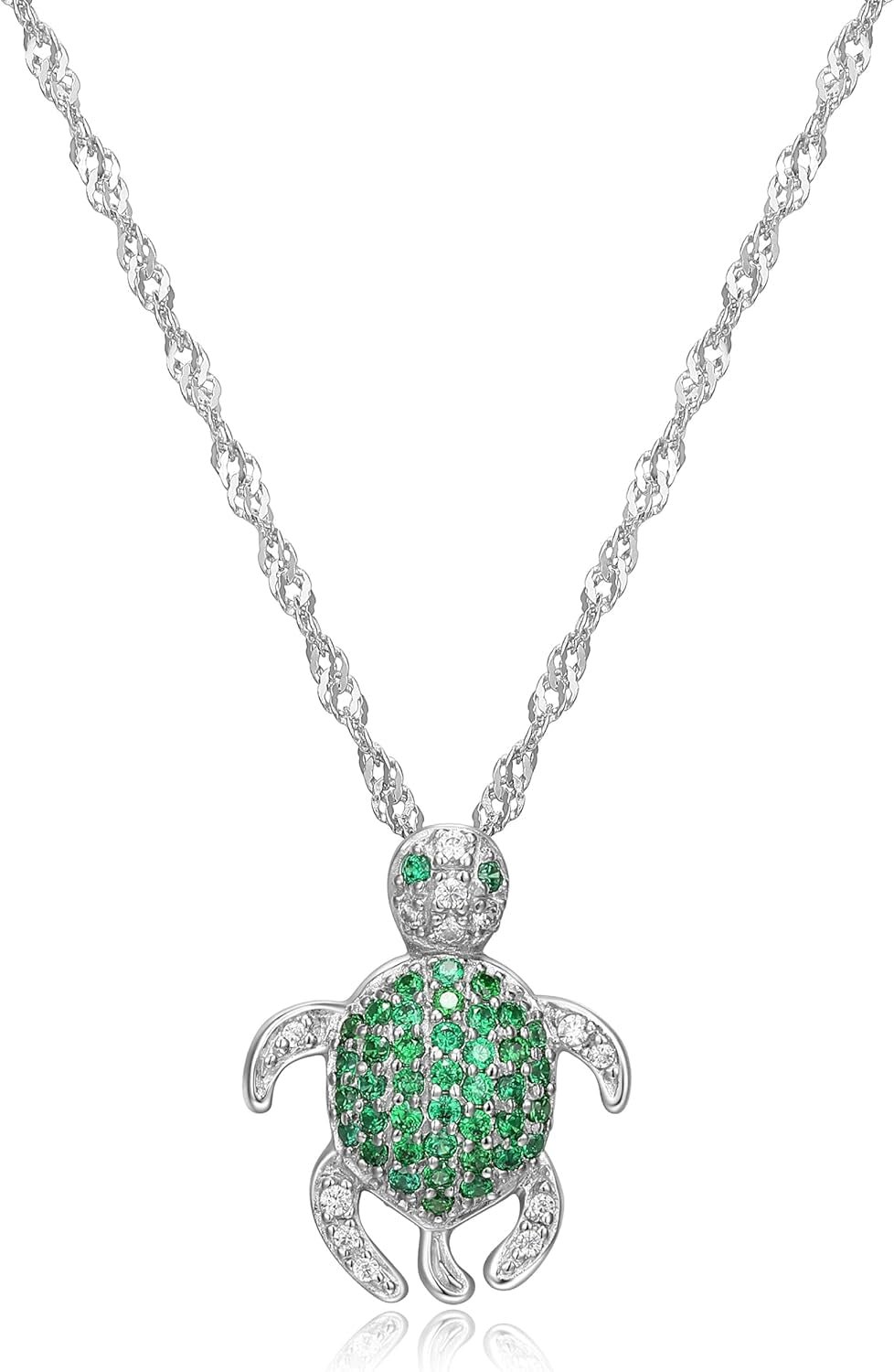 Rhodium Plated 925 Sterling Silver White and Green Cubic Zirconia Turtle Pendant Necklace, 18 Inches Cable Chain - WORLD TIME VISITS