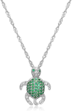 Rhodium Plated 925 Sterling Silver White and Green Cubic Zirconia Turtle Pendant Necklace, 18 Inches Cable Chain