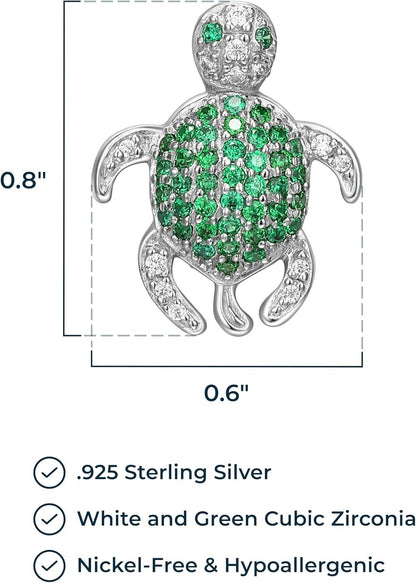 Rhodium Plated 925 Sterling Silver White and Green Cubic Zirconia Turtle Pendant Necklace, 18 Inches Cable Chain