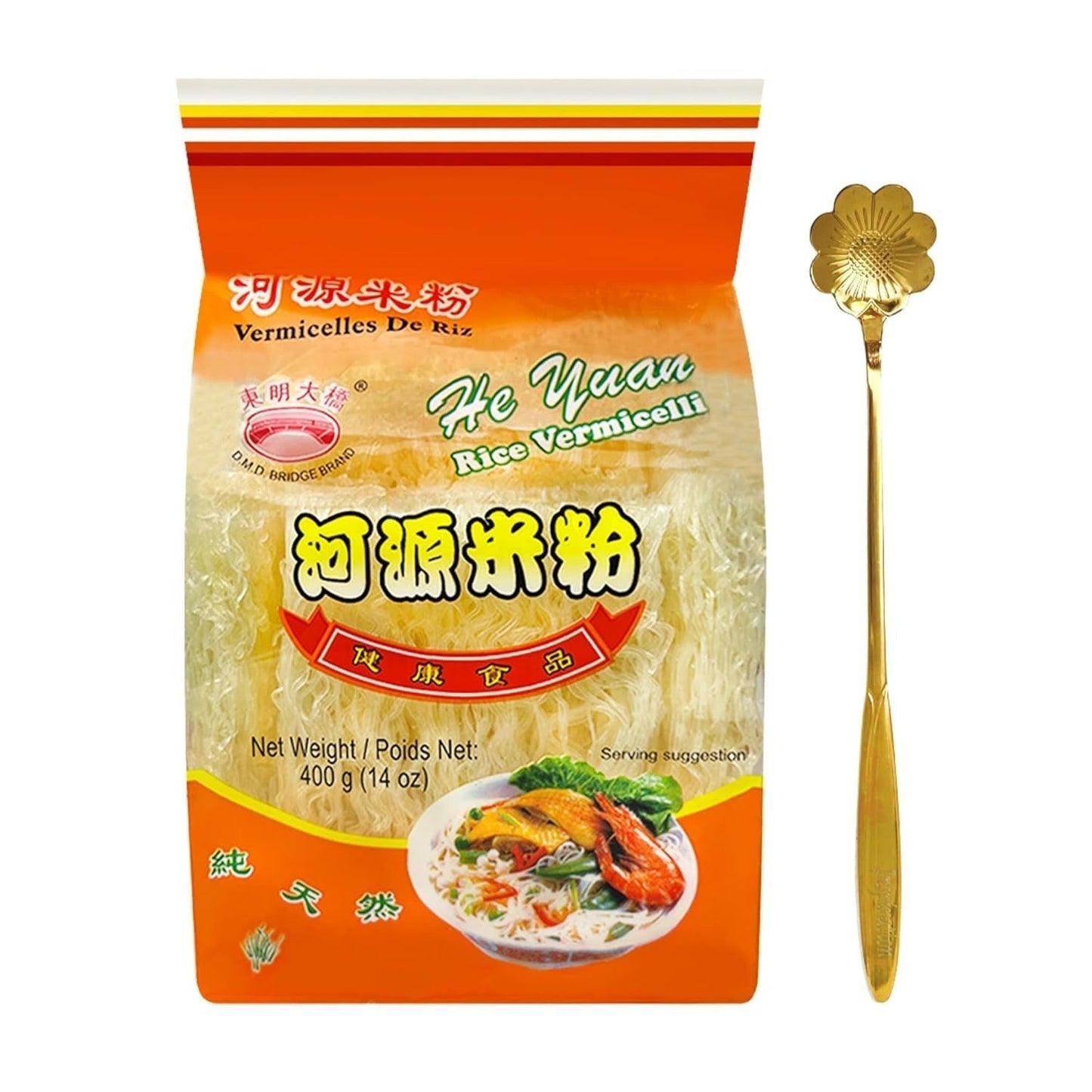 Rice Vermicelli Noodles, He Yuan Thin Rice Noodles, Maifun Rice Great for Traditional Thai, Vietnamese, Chinese, Japanese Stir Fry & Soups 14Oz (400 G) 1 PACK + 1 Steel Spoon - WORLD TIME VISITS