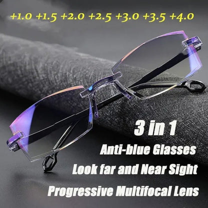 Rimless Diamond - Cut Reading Glasses Anti - Blue Light and Blue Film Integrated for Women Men Full Degree +1.0 +1.5 +2.0 +2.5 +3.0 +3.5 +4.0 - WORLD TIME VISITS