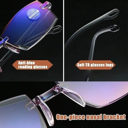 Rimless Diamond-Cut Reading Glasses Anti-Blue Light and Blue Film Integrated for Women Men Full Degree +1.0 +1.5 +2.0 +2.5 +3.0 +3.5 +4.0