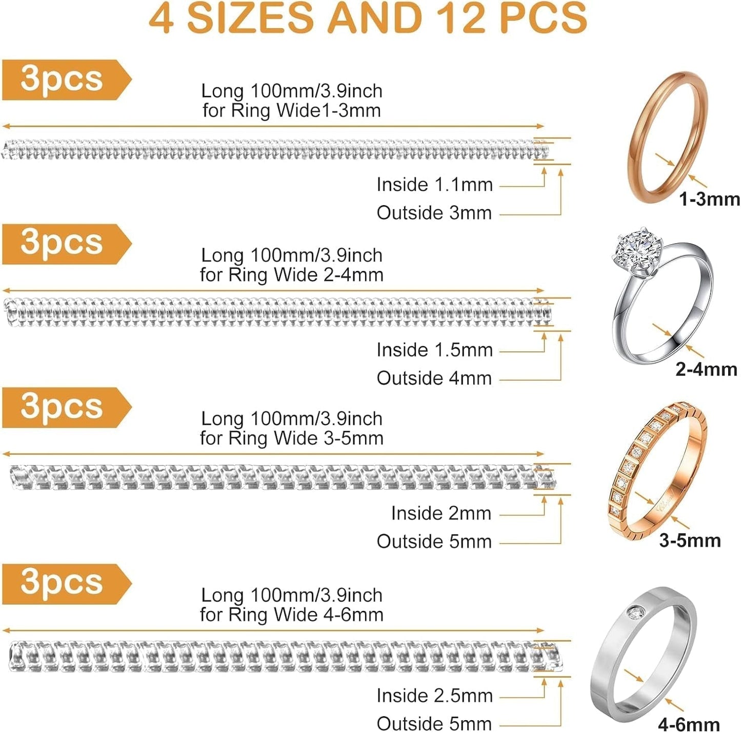 Ring Sizer Adjuster for Loose Rings, 12 Pack 4 Sizes Invisible Clear Silicone Ring Guard for Women Men, Ring Resizer Tightener Spacer Fitter for Too Big Ring, Make Ring Smaller without Resizing - WORLD TIME VISITS
