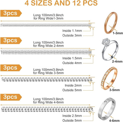 Ring Sizer Adjuster for Loose Rings, 12 Pack 4 Sizes Invisible Clear Silicone Ring Guard for Women Men, Ring Resizer Tightener Spacer Fitter for Too Big Ring, Make Ring Smaller without Resizing - WORLD TIME VISITS