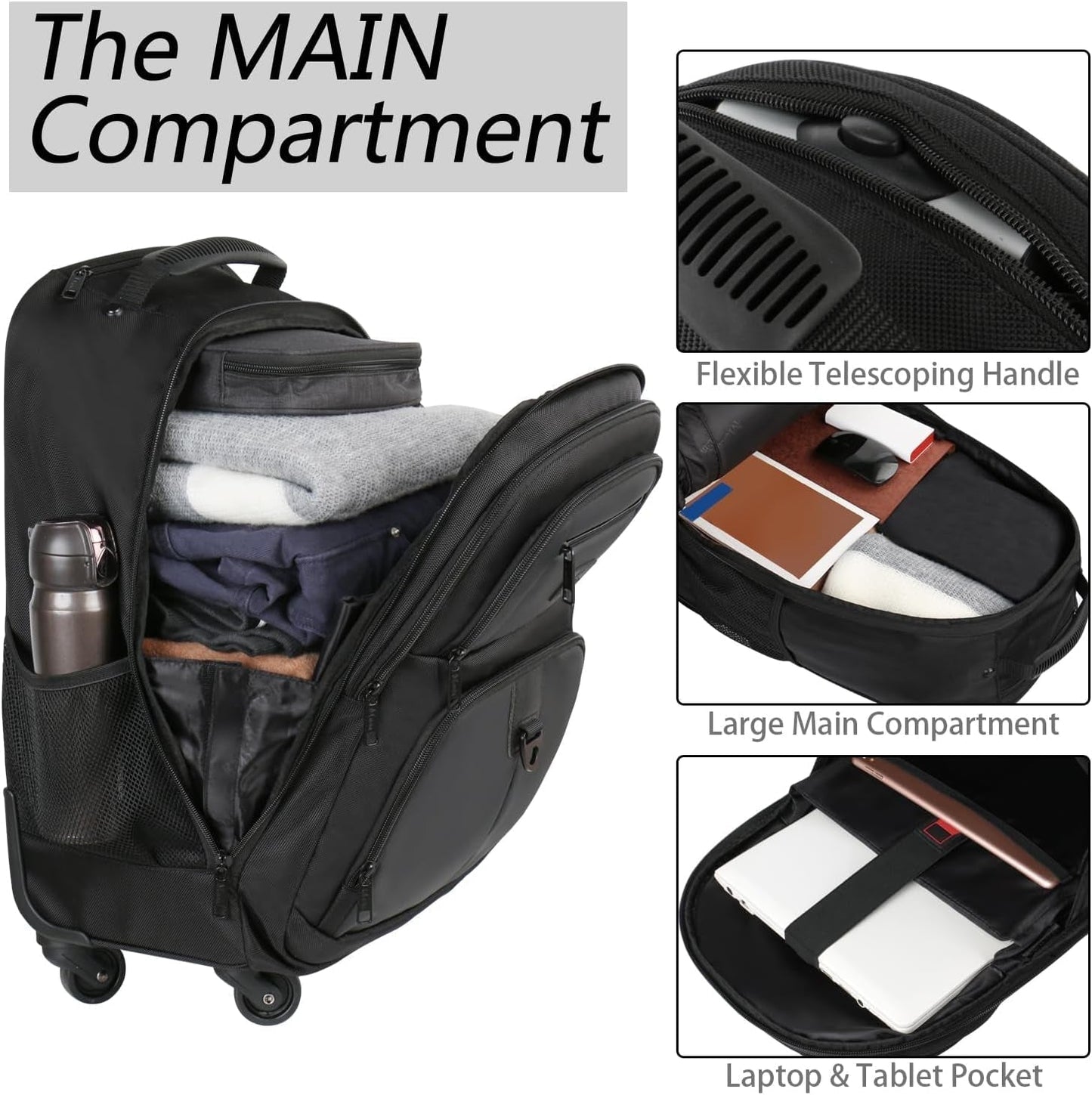 Rolling Backpack with 4 Wheels, 17 Inch Roller Travel Laptop Backpack for Women Men, Large Water Resistant Business Wheeled Bag, Airline Approved Carry on Luggage Suitcase Bag, Black - WORLD TIME VISITS