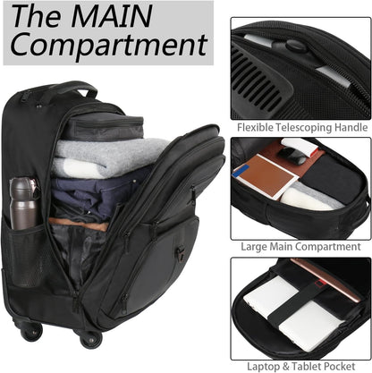 Rolling Backpack with 4 Wheels, 17 Inch Roller Travel Laptop Backpack for Women Men, Large Water Resistant Business Wheeled Bag, Airline Approved Carry on Luggage Suitcase Bag, Black - WORLD TIME VISITS