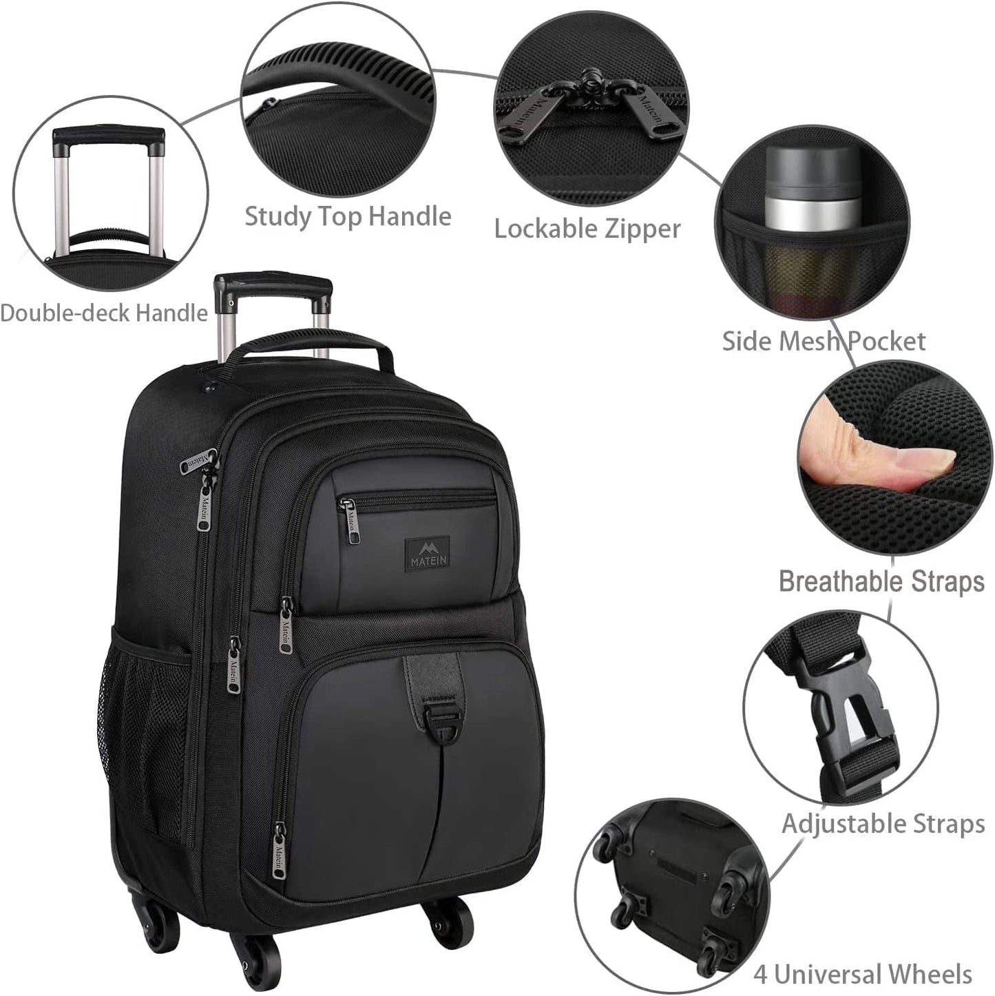 Rolling Backpack with 4 Wheels, 17 Inch Roller Travel Laptop Backpack for Women Men, Large Water Resistant Business Wheeled Bag, Airline Approved Carry on Luggage Suitcase Bag, Black