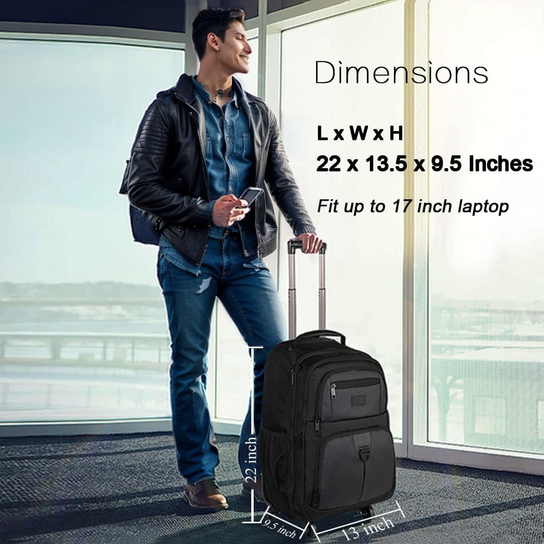 Rolling Backpack with 4 Wheels, 17 Inch Roller Travel Laptop Backpack for Women Men, Large Water Resistant Business Wheeled Bag, Airline Approved Carry on Luggage Suitcase Bag, Black - WORLD TIME VISITS