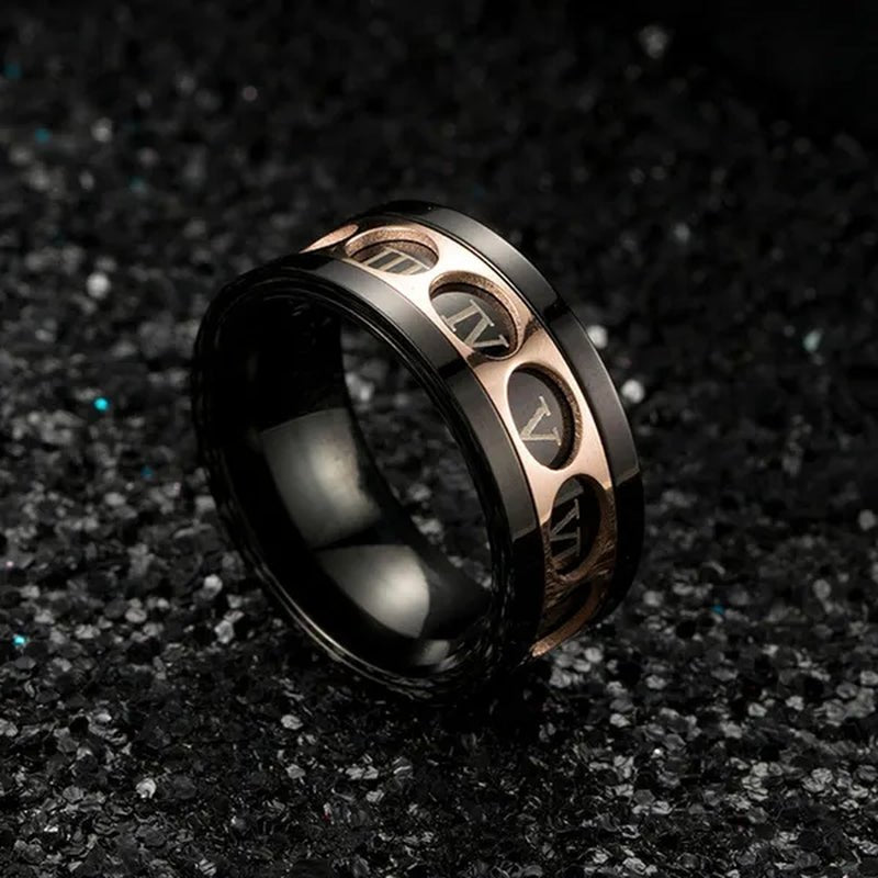 Roman Numerals Rotatable Black Rose Gold Titanium Steel Rotatable Spinner Ring For Men Jewelry Luck Finger Rings Wedding Band