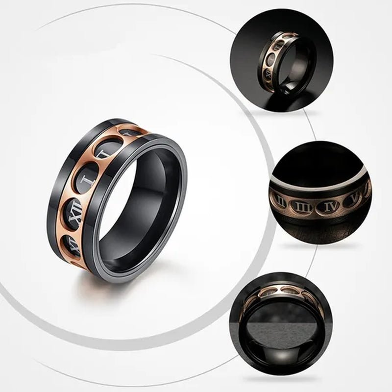 Roman Numerals Rotatable Black Rose Gold Titanium Steel Rotatable Spinner Ring For Men Jewelry Luck Finger Rings Wedding Band - WORLD TIME VISITS