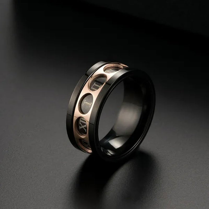 Roman Numerals Rotatable Black Rose Gold Titanium Steel Rotatable Spinner Ring For Men Jewelry Luck Finger Rings Wedding Band