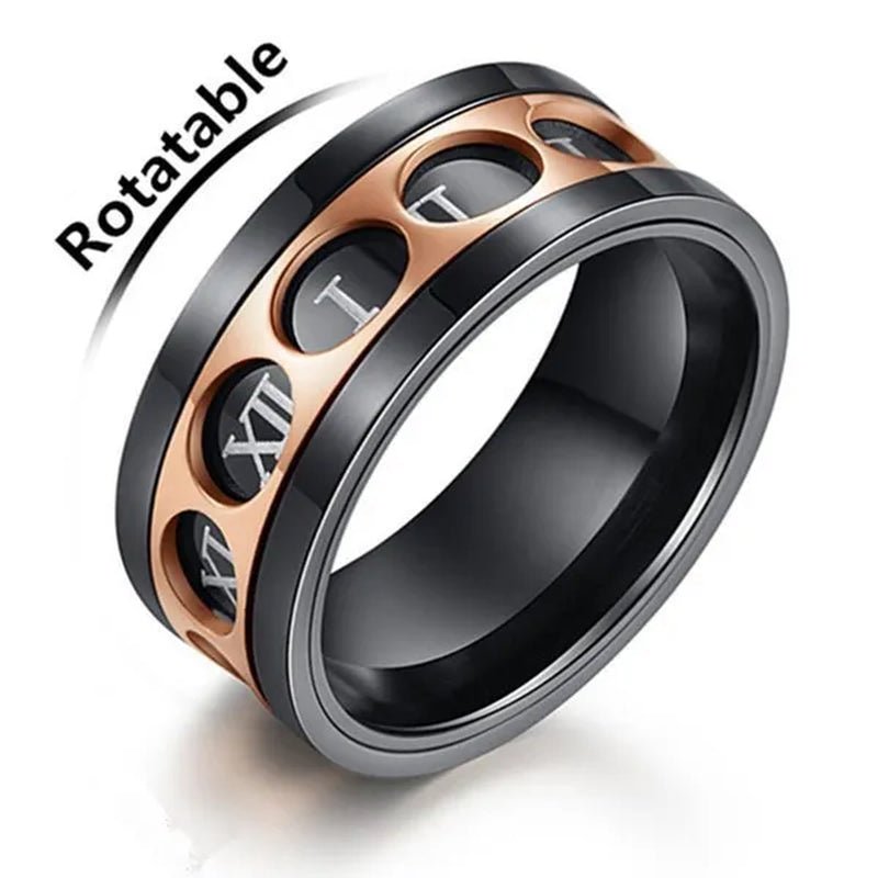 Roman Numerals Rotatable Black Rose Gold Titanium Steel Rotatable Spinner Ring For Men Jewelry Luck Finger Rings Wedding Band - WORLD TIME VISITS