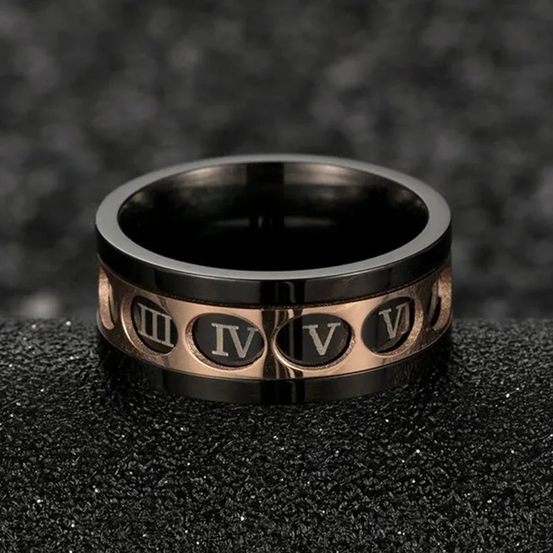 Roman Numerals Rotatable Black Rose Gold Titanium Steel Rotatable Spinner Ring For Men Jewelry Luck Finger Rings Wedding Band