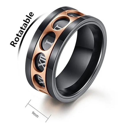Roman Numerals Rotatable Black Rose Gold Titanium Steel Rotatable Spinner Ring For Men Jewelry Luck Finger Rings Wedding Band