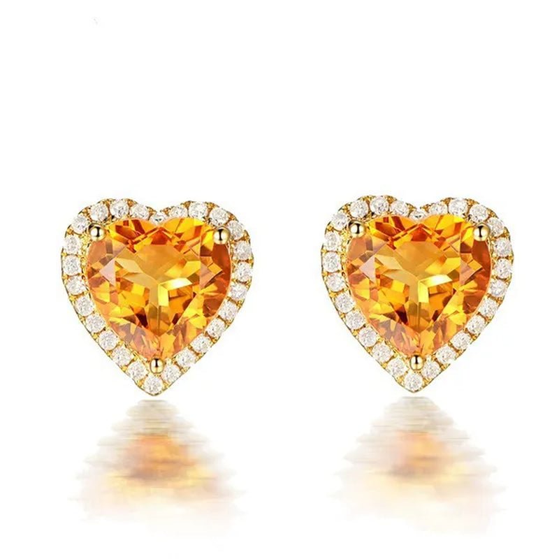 Romantic 18K Golden Plated Copper Setting Heart Shape Citrine Jewelry Set Love Shape Pendant Necklace Heart Micro Inlaid Cubic Zirconia Stud Earrings Butterfly Open-End Ring Flower Bracelets for Women Gifts
