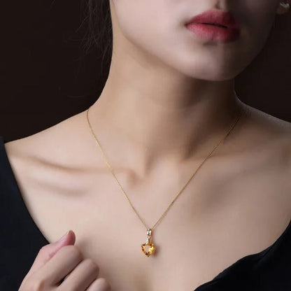 Romantic 18K Golden Plated Copper Setting Heart Shape Citrine Jewelry Set Love Shape Pendant Necklace Heart Micro Inlaid Cubic Zirconia Stud Earrings Butterfly Open-End Ring Flower Bracelets for Women Gifts