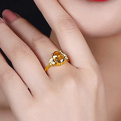 Romantic 18K Golden Plated Copper Setting Heart Shape Citrine Jewelry Set Love Shape Pendant Necklace Heart Micro Inlaid Cubic Zirconia Stud Earrings Butterfly Open-End Ring Flower Bracelets for Women Gifts