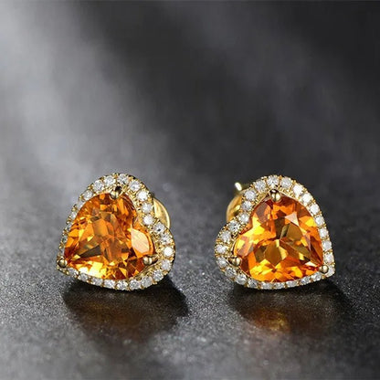 Romantic 18K Golden Plated Copper Setting Heart Shape Citrine Jewelry Set Love Shape Pendant Necklace Heart Micro Inlaid Cubic Zirconia Stud Earrings Butterfly Open - End Ring Flower Bracelets for Women Gifts - WORLD TIME VISITS