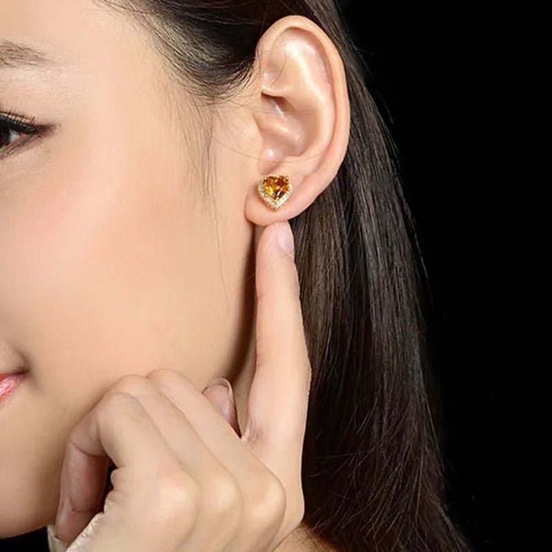 Romantic 18K Golden Plated Copper Setting Heart Shape Citrine Jewelry Set Love Shape Pendant Necklace Heart Micro Inlaid Cubic Zirconia Stud Earrings Butterfly Open-End Ring Flower Bracelets for Women Gifts