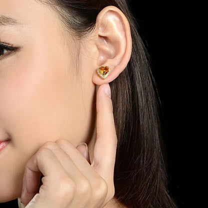 Romantic 18K Golden Plated Copper Setting Heart Shape Citrine Jewelry Set Love Shape Pendant Necklace Heart Micro Inlaid Cubic Zirconia Stud Earrings Butterfly Open-End Ring Flower Bracelets for Women Gifts
