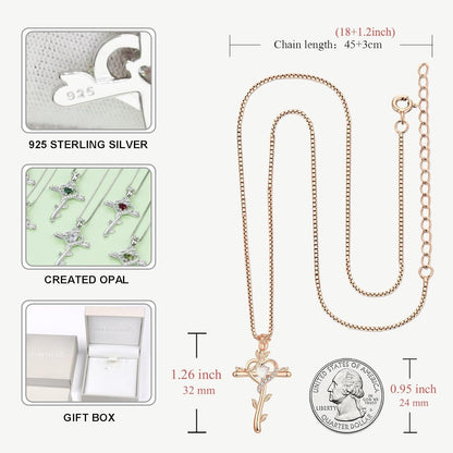 Rose Cross Necklace 925 Sterling Silver Heart Crucifix Pendant Birthstones Jewelry for Women