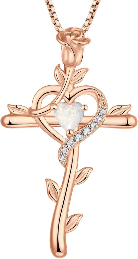 Rose Cross Necklace 925 Sterling Silver Heart Crucifix Pendant Birthstones Jewelry for Women - WORLD TIME VISITS