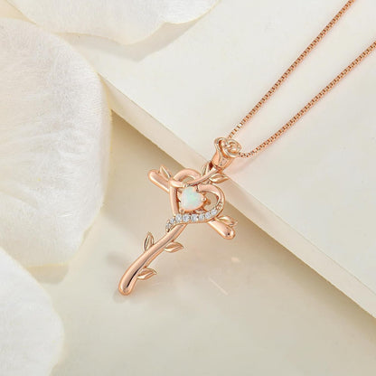 Rose Cross Necklace 925 Sterling Silver Heart Crucifix Pendant Birthstones Jewelry for Women