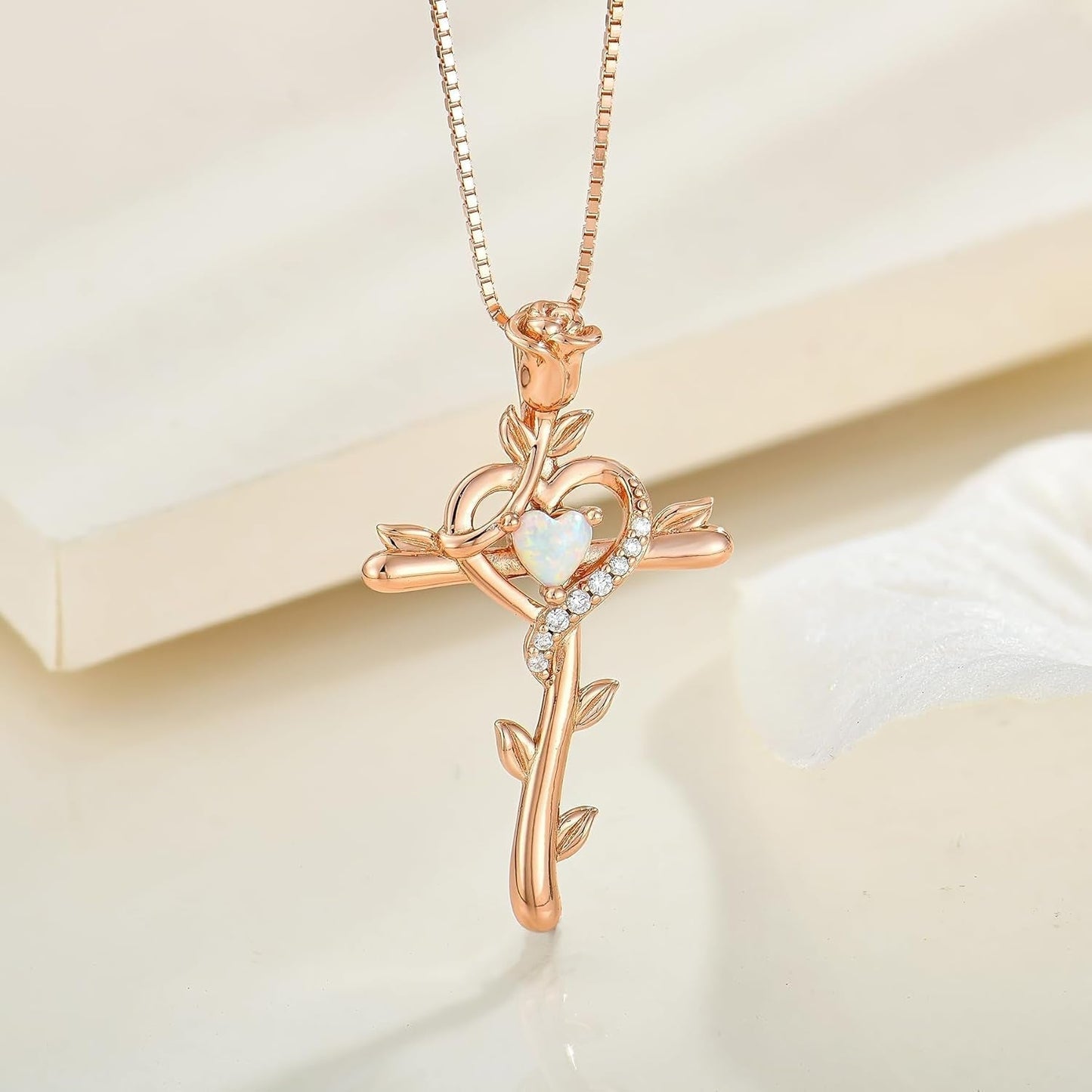 Rose Cross Necklace 925 Sterling Silver Heart Crucifix Pendant Birthstones Jewelry for Women