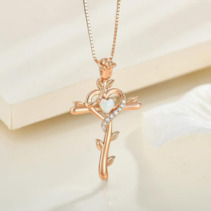 Rose Cross Necklace 925 Sterling Silver Heart Crucifix Pendant Birthstones Jewelry for Women