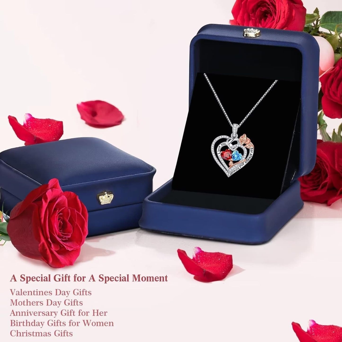 Rose Heart Necklace Gifts for Wife Women - 925 Sterling Silver Double Birthstone Necklace, Anniversary Birthday Gifts for Women, Jewelry Gifts for Wife Girlfriend Mom Her