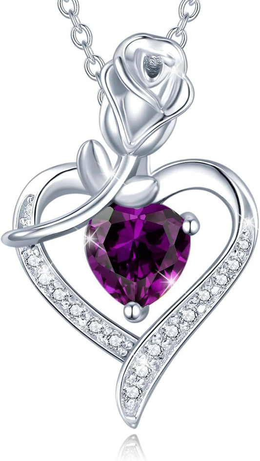 Rosy Reverie Birthstone Necklace for Women Sterling Silver Genuine or Created Gemstone Rose Flower Heart Pendant Necklace Anniversary Birthday Gifts for Women Mom Wife Her - WORLD TIME VISITS