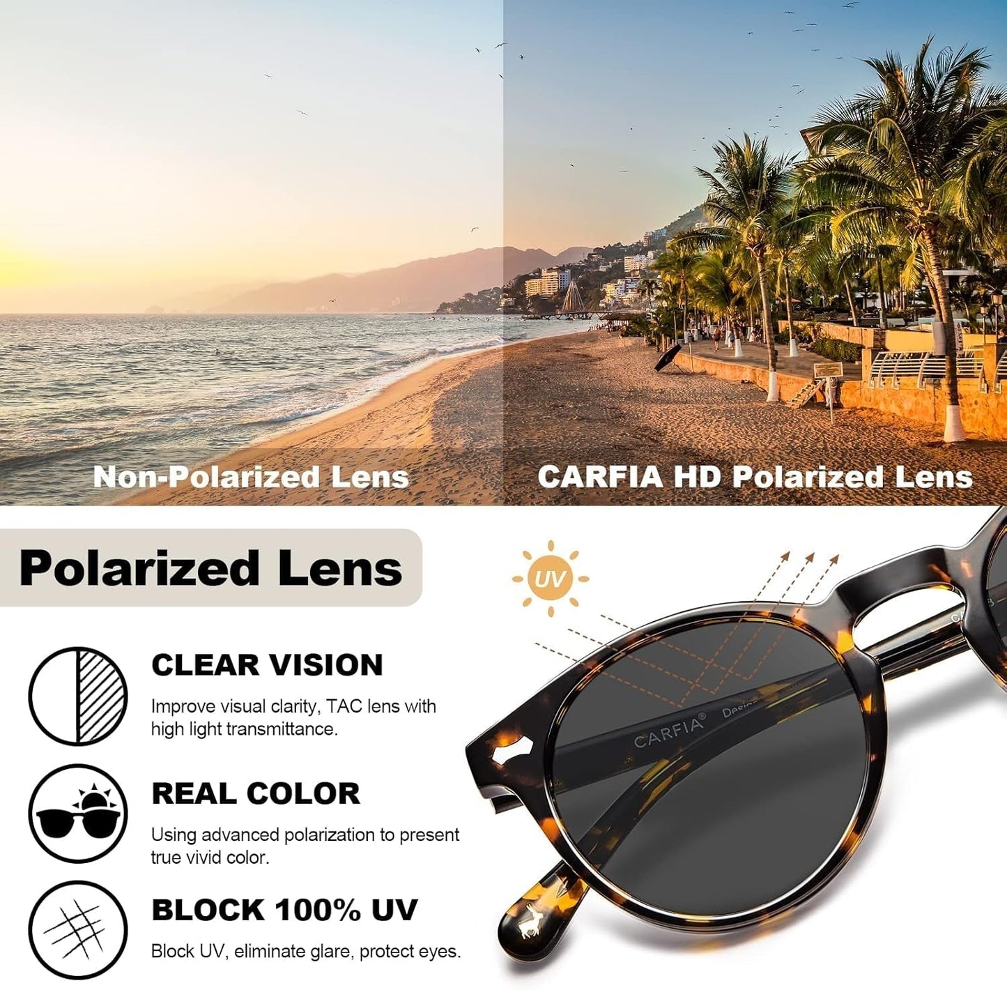 round Acetate Polarized Sunglasses for Women Small Face UV Protection with Leather Case CA5288