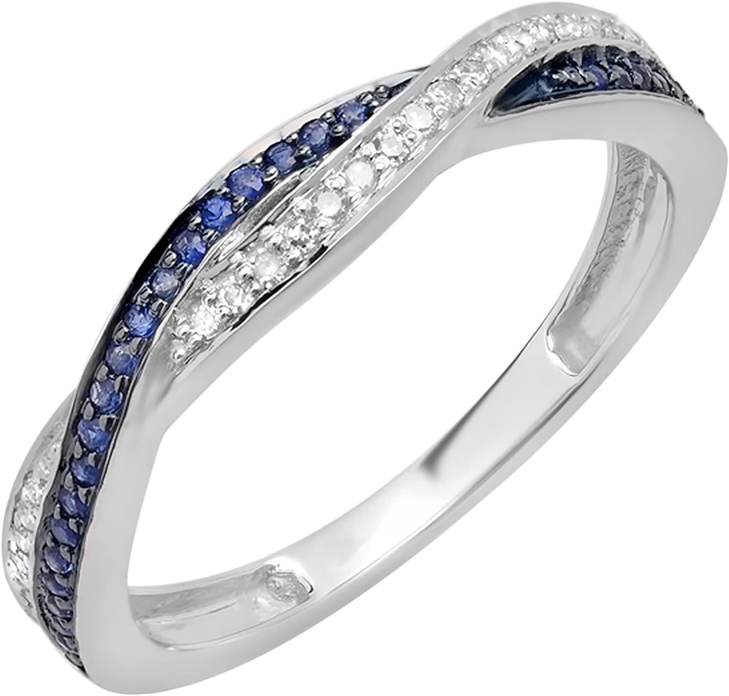 round Blue Sapphire & White Diamond Swirl Wedding Ring for Women in Gold - WORLD TIME VISITS