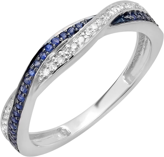 round Blue Sapphire & White Diamond Swirl Wedding Ring for Women in Gold - WORLD TIME VISITS