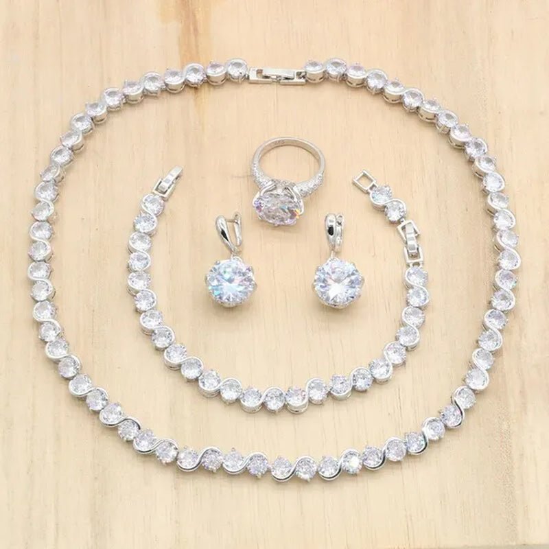 Royal Blue Stones Silver Color Jewelry Sets for Women Necklace Earrings Bracelet Ring Bridal Birthday Gift - WORLD TIME VISITS