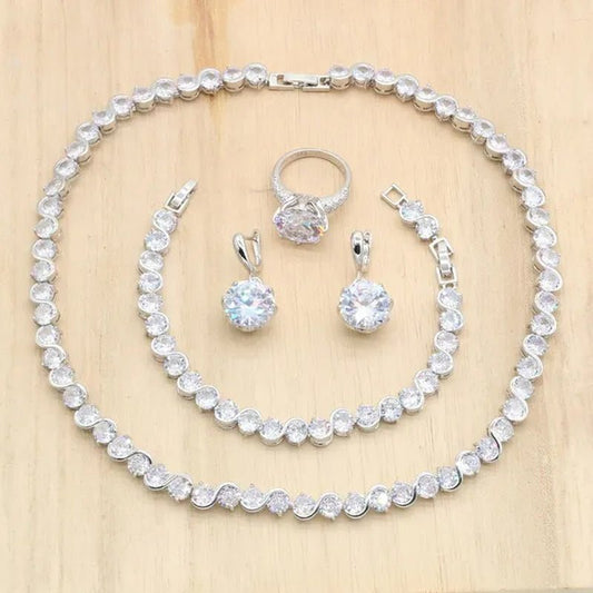 Royal Blue Stones Silver Color Jewelry Sets for Women Necklace Earrings Bracelet Ring Bridal Birthday Gift - WORLD TIME VISITS