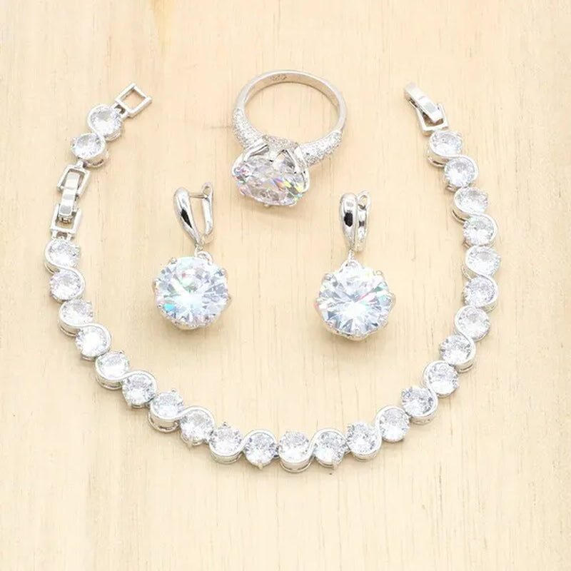 Royal Blue Stones Silver Color Jewelry Sets for Women Necklace Earrings Bracelet Ring Bridal Birthday Gift - WORLD TIME VISITS