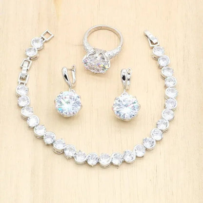 Royal Blue Stones Silver Color Jewelry Sets for Women Necklace Earrings Bracelet Ring Bridal Birthday Gift - WORLD TIME VISITS