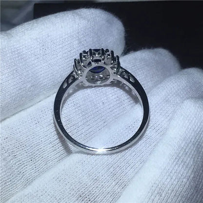 Royal Jewelry Princess Diana Soild silver color ring Sapphire cz diamond Engagement wedding band rings for women Bridal Size 5 - 11 Bague Femme - WORLD TIME VISITS