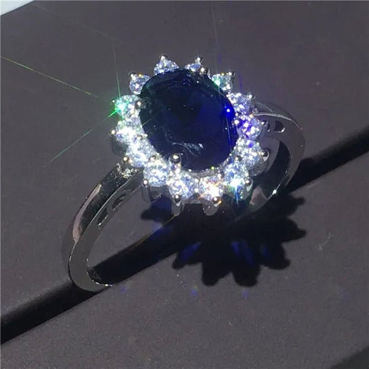 Royal Jewelry Princess Diana Soild silver color ring Sapphire cz diamond Engagement wedding band rings for women Bridal Size 5 - 11 Bague Femme - WORLD TIME VISITS