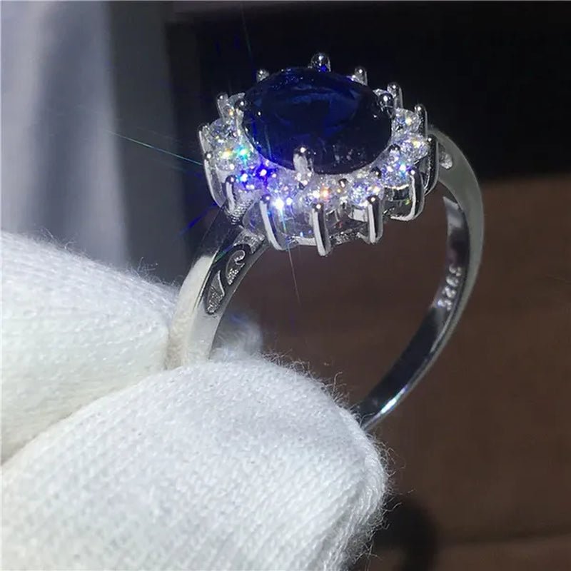 Royal Jewelry Princess Diana Soild silver color ring Sapphire cz diamond Engagement wedding band rings for women Bridal Size 5 - 11 Bague Femme - WORLD TIME VISITS